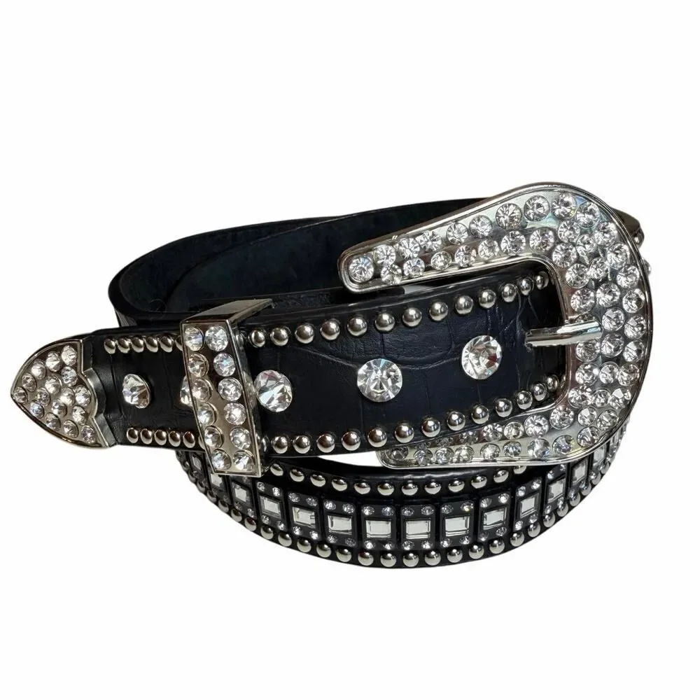 Western Rhinestone Crystal Belt Black Genuine Leather Croc Embossed Studded SM